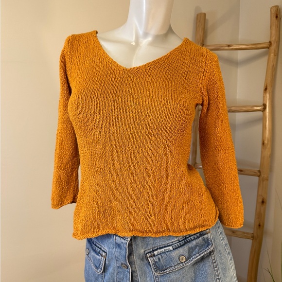 EILEEN FISHER LINEN BLEND Orange Gold V-Neck Sweater XS 3/4 Sleeve - Picture 1 of 7